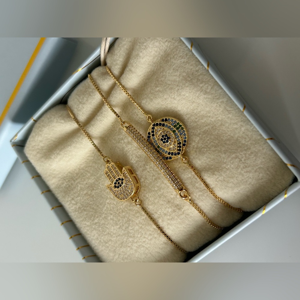 Gold Evil Eye Hamsa Hand Adjustable pull Bracelet Set